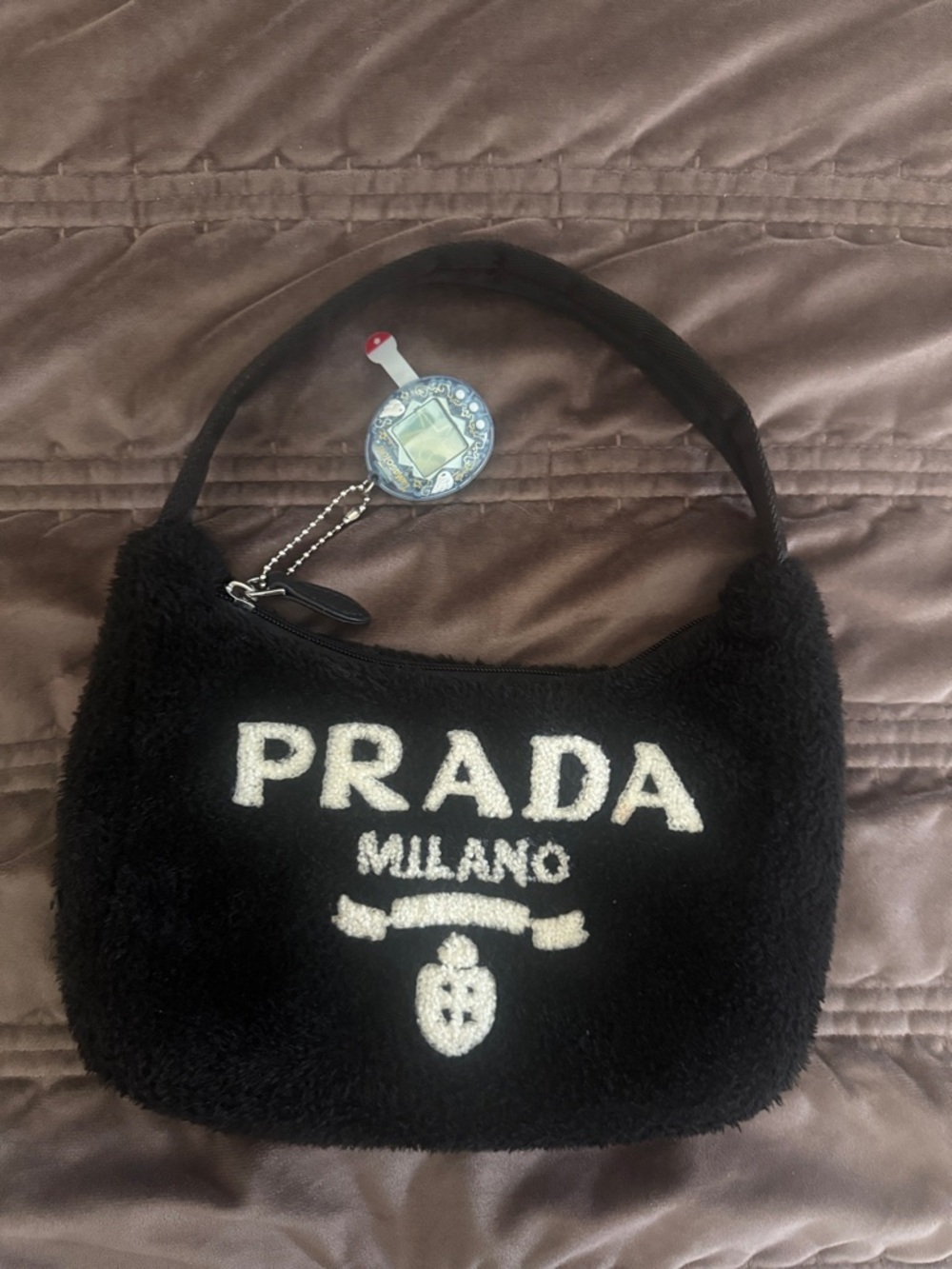 Fuzzy Prada re-edition Black Shearling Logo Baguette Bag